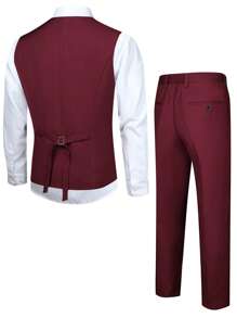 Manfinity Mode 男士1入組前紐扣馬甲&1入組西裝褲 - 酒紅色 - 查看 2