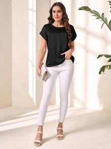 EMERY ROSE Women's Solid Color Round Neck Batwing Short Sleeve Casual Shirt