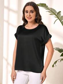 EMERY ROSE Women's Solid Color Round Neck Batwing Short Sleeve Casual Shirt