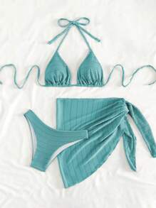 Swim Mod Summer Beach Plain Halter Triangle Bikini Set With Beach Skirt - Blue - View 3
