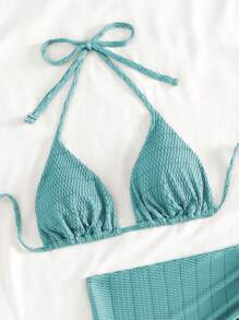 Swim Mod Summer Beach Plain Halter Triangle Bikini Set With Beach Skirt - Blue - View 4