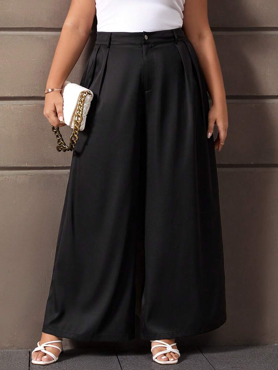 SHEIN Clasi 大碼素色直筒西裝褲 - 黑色 - 查看 1