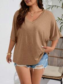 SHEIN LUNE 大碼素色蝙蝠袖T恤 - 駝色 - 查看 4