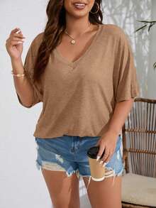 SHEIN LUNE 大碼素色蝙蝠袖T恤 - 駝色 - 查看 6