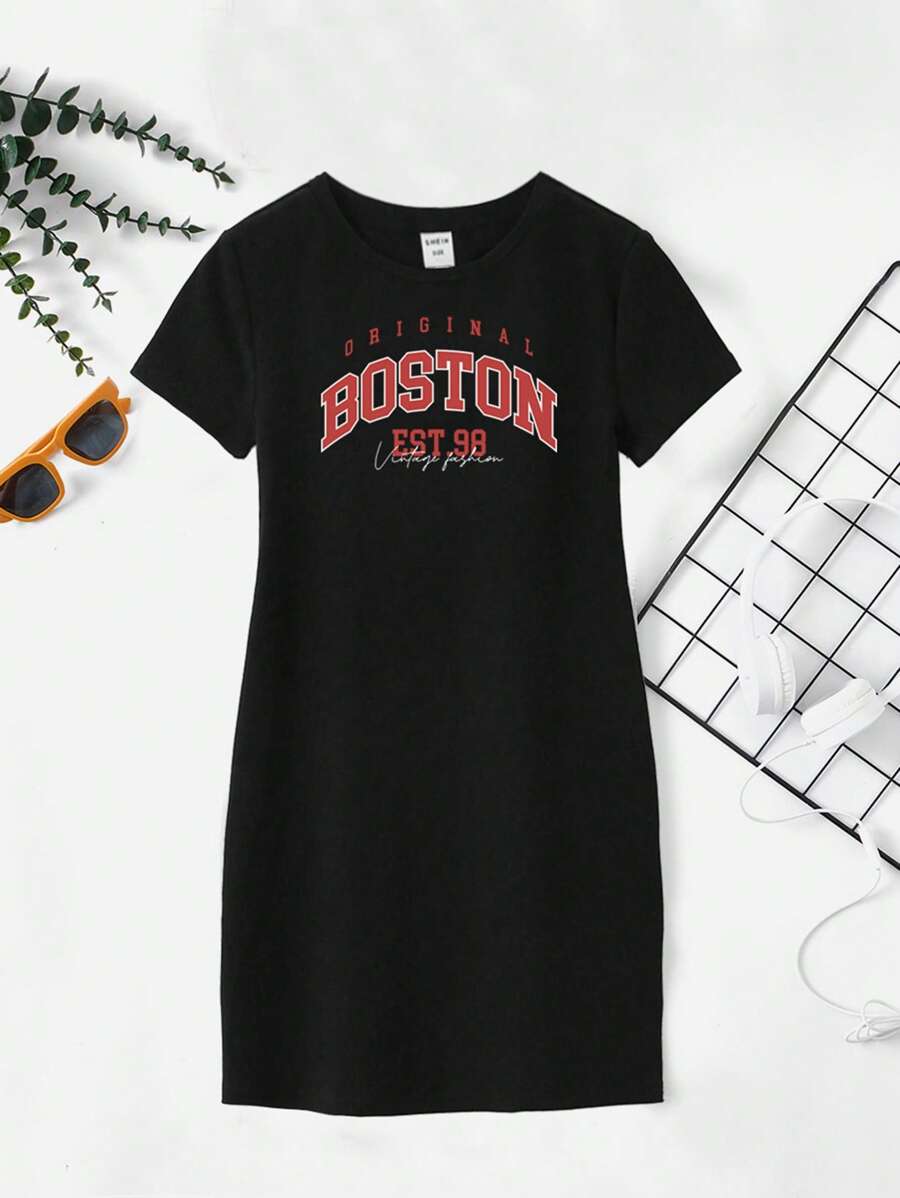 女孩字母圖案緊身連衣裙 - 黑色 - 查看 1