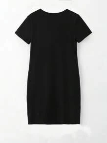 女孩字母圖案緊身連衣裙 - 黑色 - 查看 2