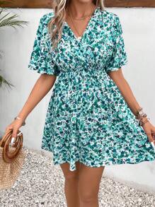 SHEIN Frenchy In hoa Ditsy áo tay bướm Đầm - màu xanh lá - Xem 4