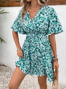 SHEIN Frenchy In hoa Ditsy áo tay bướm Đầm - màu xanh lá - Xem 5