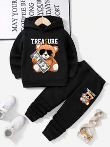 SHEIN Young Boy Bear And Letter Graphic Thermal Lined Hoodie & Pants