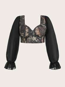 SHEIN MOD Camisa crop con estampado de figura de manga con volante bustier - Multicolor - Ver 1