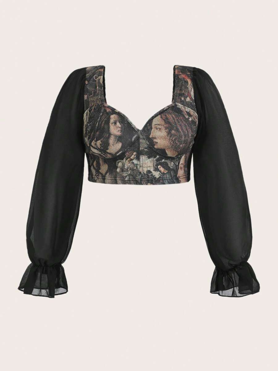 SHEIN MOD Camisa crop con estampado de figura de manga con volante bustier - Multicolor - Ver 1