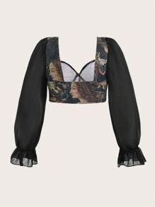 SHEIN MOD Camisa crop con estampado de figura de manga con volante bustier - Multicolor - Ver 2