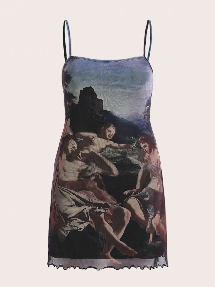 SHEIN MOD 大碼人像圖案木耳邊吊帶洋裝