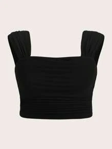 SHEIN MOD Áo hai dây Plus Size Xù màu trơn Giải trí - màu đen - Xem 1