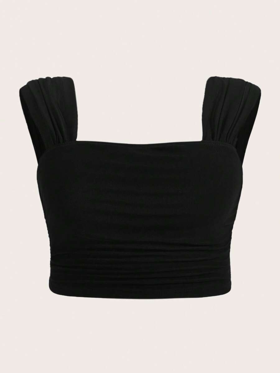 SHEIN MOD Áo hai dây Plus Size Xù màu trơn Giải trí - màu đen - Xem 1