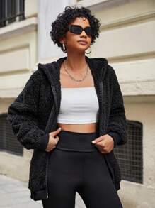 EURMUSE Zip Up Drop Shoulder Hooded Teddy Jacket - Black - View 3