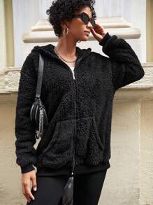 EURMUSE Zip Up Drop Shoulder Hooded Teddy Jacket - Black - View 5