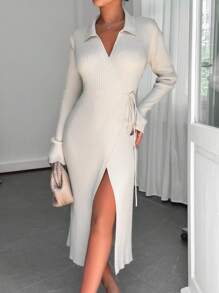 EURMUSE Solid Wrap Knot Side Sweater Dress - Beige - View 1