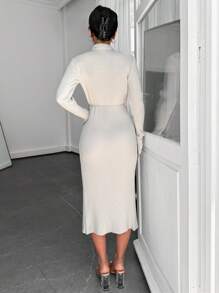 EURMUSE Solid Wrap Knot Side Sweater Dress - Beige - View 2