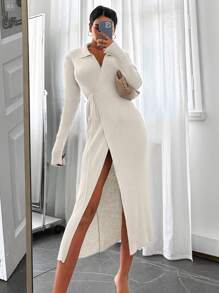 EURMUSE Solid Wrap Knot Side Sweater Dress - Beige - View 4