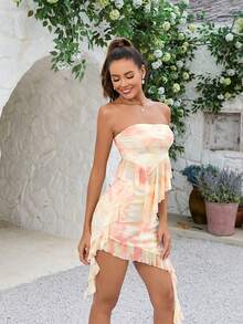 PARTHEA Tie Dye Backless Asymmetrical Hem Crop Top & Asymmetrical Ruffle Hem Skirt Set - Orange - View 4