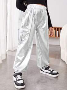 Sparklyn Tween Girl Slant Pocket Side Cargo Metallic Trousers - Silver - View 4