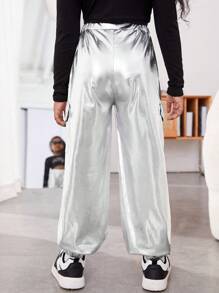 Sparklyn Tween Girl Slant Pocket Side Cargo Metallic Trousers - Silver - View 2