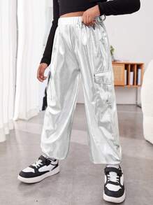 Sparklyn Tween Girl Slant Pocket Side Cargo Metallic Trousers - Silver - View 3