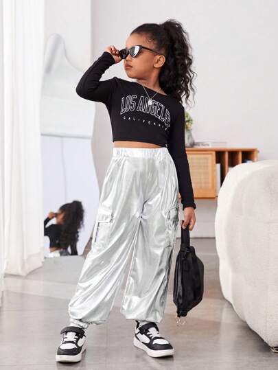 Tween Girl Slant Pocket Side Cargo Metallic Pants, School, Campus, College
