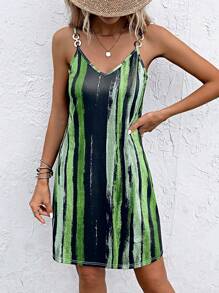 SHEIN LUNE 筆刷圖案吊帶連衣裙 - 綠色 - 查看 4