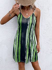 SHEIN LUNE 筆刷圖案吊帶連衣裙 - 綠色 - 查看 6