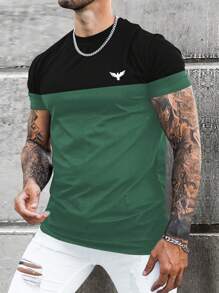 Manfinity Homme 男士T恤，合身領口短袖圖形T恤簡約夏季運動休閒印花老鷹T恤，聚酯纖維 - 墨綠色 - 查看 1