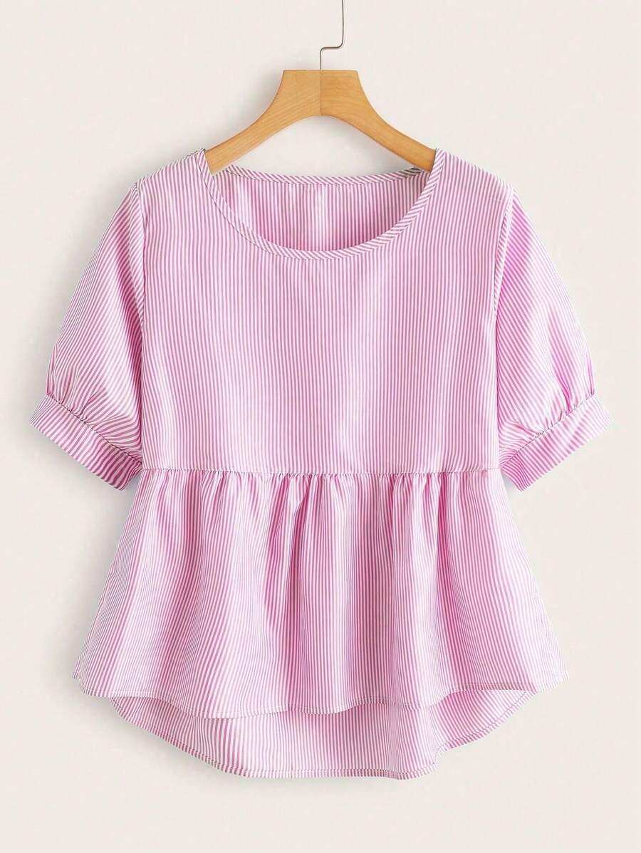 SHEIN LUNE Striped High Low Blouse - Pink - View 1