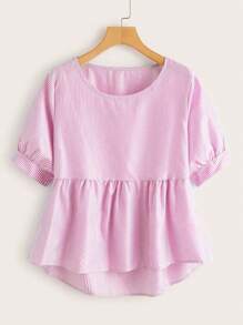 SHEIN LUNE Striped High Low Blouse - Pink - View 4