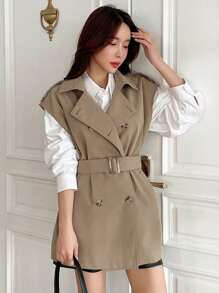 DAZY Đôi ngực Thắt lưng Áo vest Áo khoác Trench - Màu Khaki - Xem 1