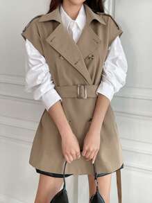 DAZY Đôi ngực Thắt lưng Áo vest Áo khoác Trench - Màu Khaki - Xem 3