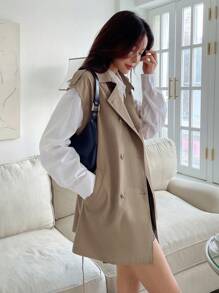 DAZY Đôi ngực Thắt lưng Áo vest Áo khoác Trench - Màu Khaki - Xem 5