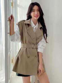 DAZY Đôi ngực Thắt lưng Áo vest Áo khoác Trench - Màu Khaki - Xem 6
