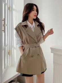 DAZY Đôi ngực Thắt lưng Áo vest Áo khoác Trench - Màu Khaki - Xem 8