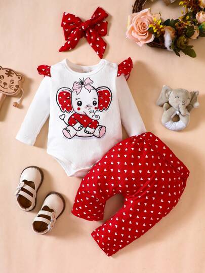 SHEIN Baby Girl Cartoon Graphic Ruffle Trim Bodysuit & Pants & Headband