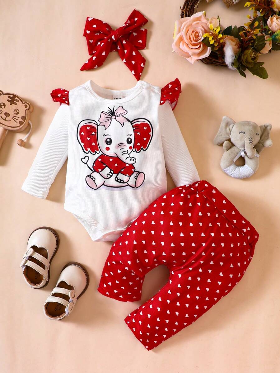 SHEIN Baby Girl Cartoon Graphic Ruffle Trim Bodysuit & Pants & Headband