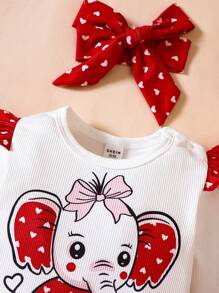 SHEIN Baby Girl Cartoon Graphic Ruffle Trim Bodysuit & Pants & Headband