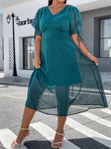 Celure Hơn Chấm Swiss Knot Cuff Ống tay áo Đầm - Màu xanh ngọc - Xem 4