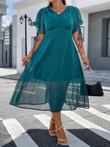 Celure Hơn Chấm Swiss Knot Cuff Ống tay áo Đầm - Màu xanh ngọc - Xem 1