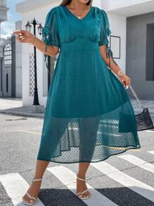 Celure Hơn Chấm Swiss Knot Cuff Ống tay áo Đầm - Màu xanh ngọc - Xem 5