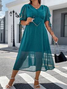 Celure Hơn Chấm Swiss Knot Cuff Ống tay áo Đầm - Màu xanh ngọc - Xem 6