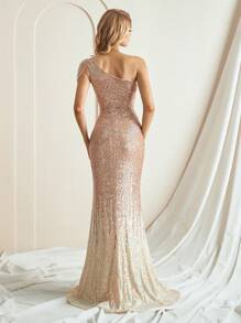 Elegant Golden One Shoulder Hand-Beaded Luxury Evening Dress,Party Dress,Gown,Formal,Wedding Guest - Gold - View 2