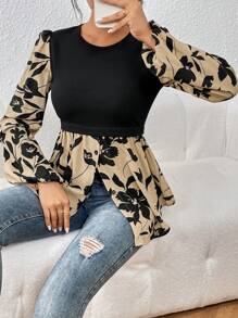 SHEIN Frenchy Floral Print Lantern Sleeve Peplum Top Winter Vacation Flower - Multicolor - View 1