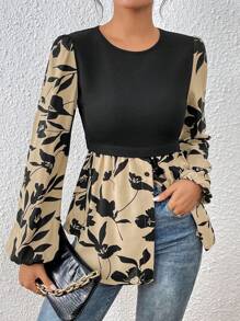 SHEIN Frenchy Floral Print Lantern Sleeve Peplum Top Winter Vacation Flower - Multicolor - View 4