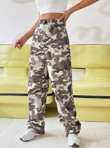 SHEIN Unity Pantalones rectos con estampado de camuflaje con bolsillo oblicuo - Multicolor - Ver 4